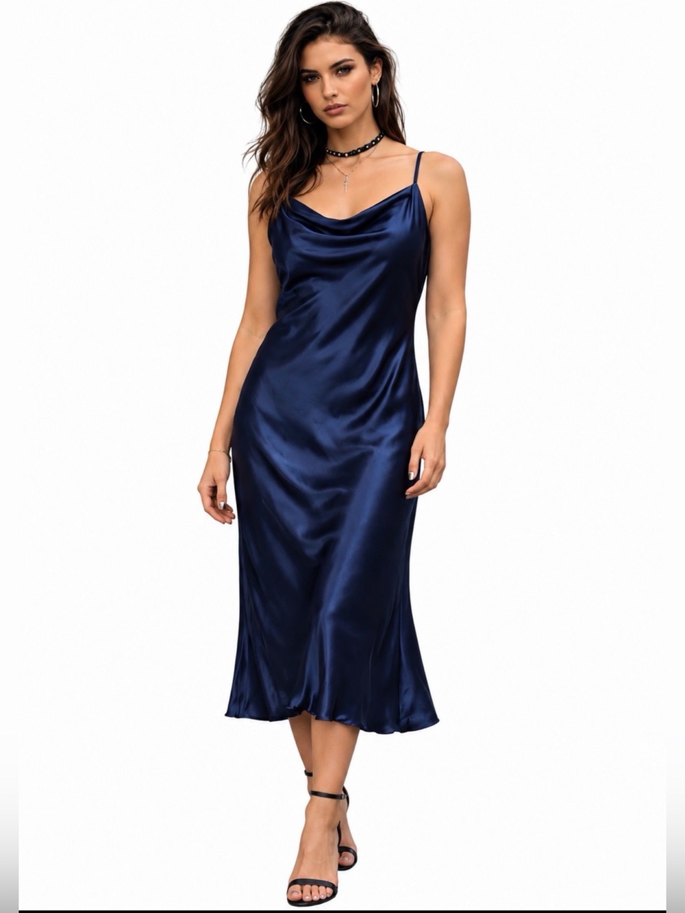 Bebe Navy Blue Satin Cowl Neck Slip Midi Dress Large